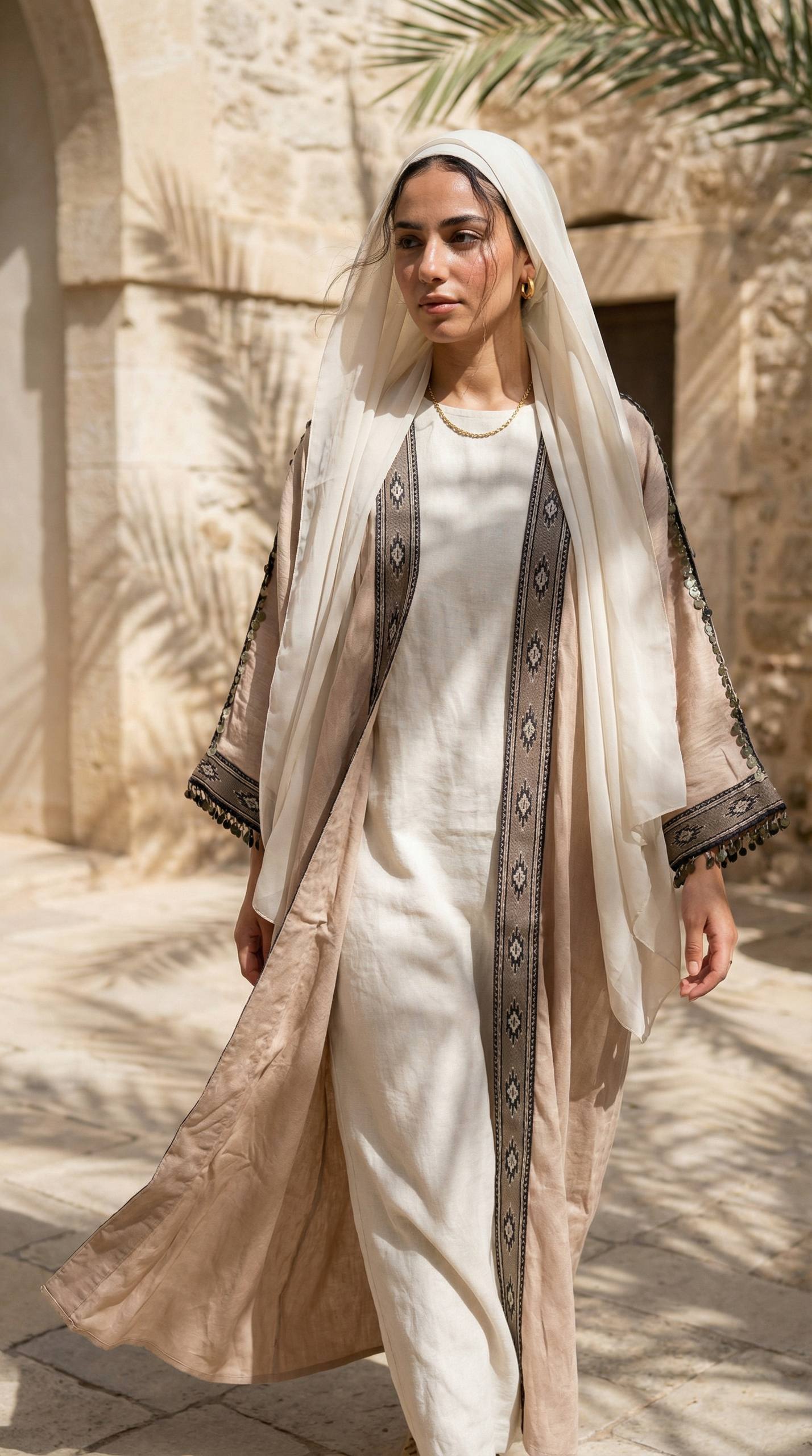 موديل ترتدي عباية كتان بتصميم عصري مع طرحة وإكسسوارات بسيطة
