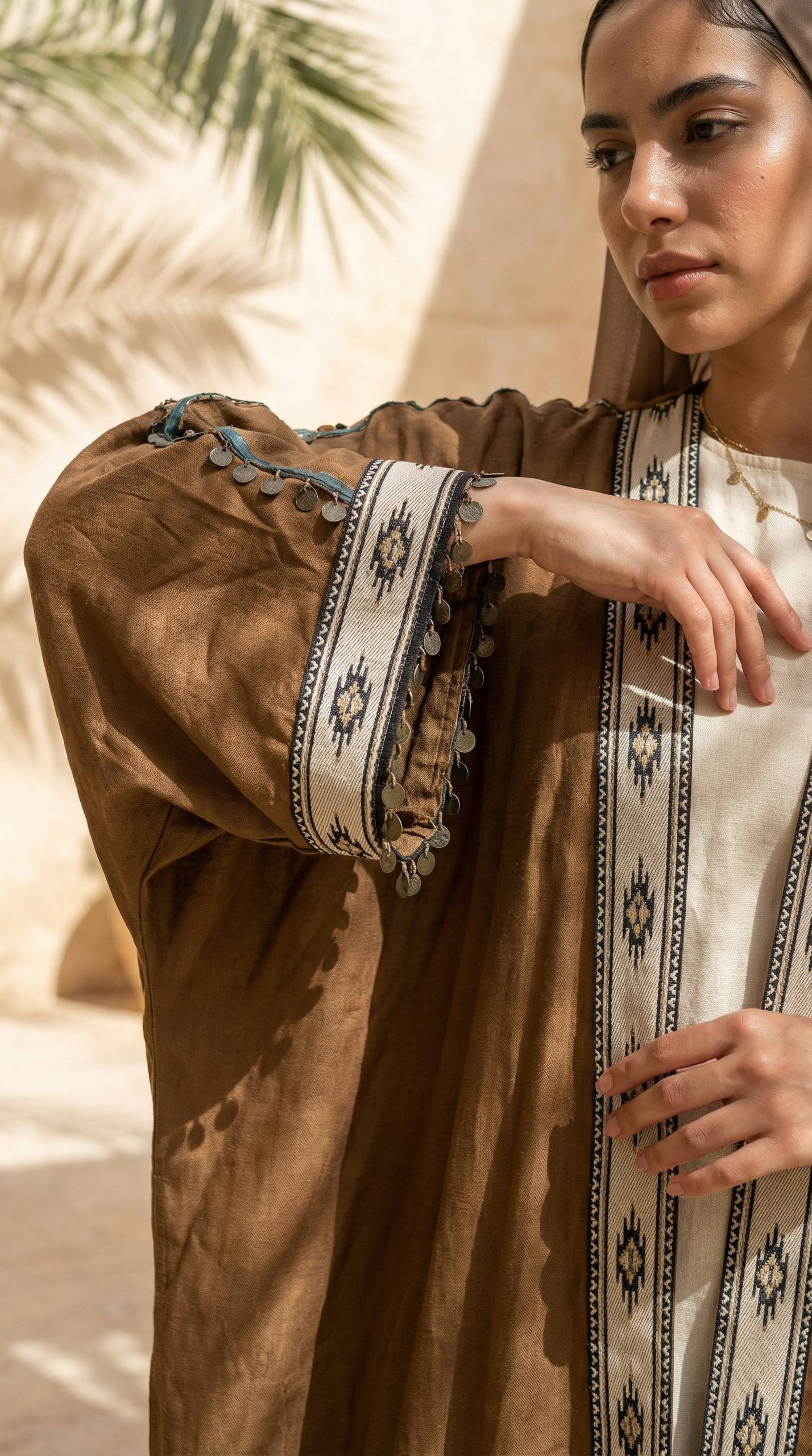 موديل ترتدي عباية كتان بتصميم عصري مع طرحة وإكسسوارات بسيطة
