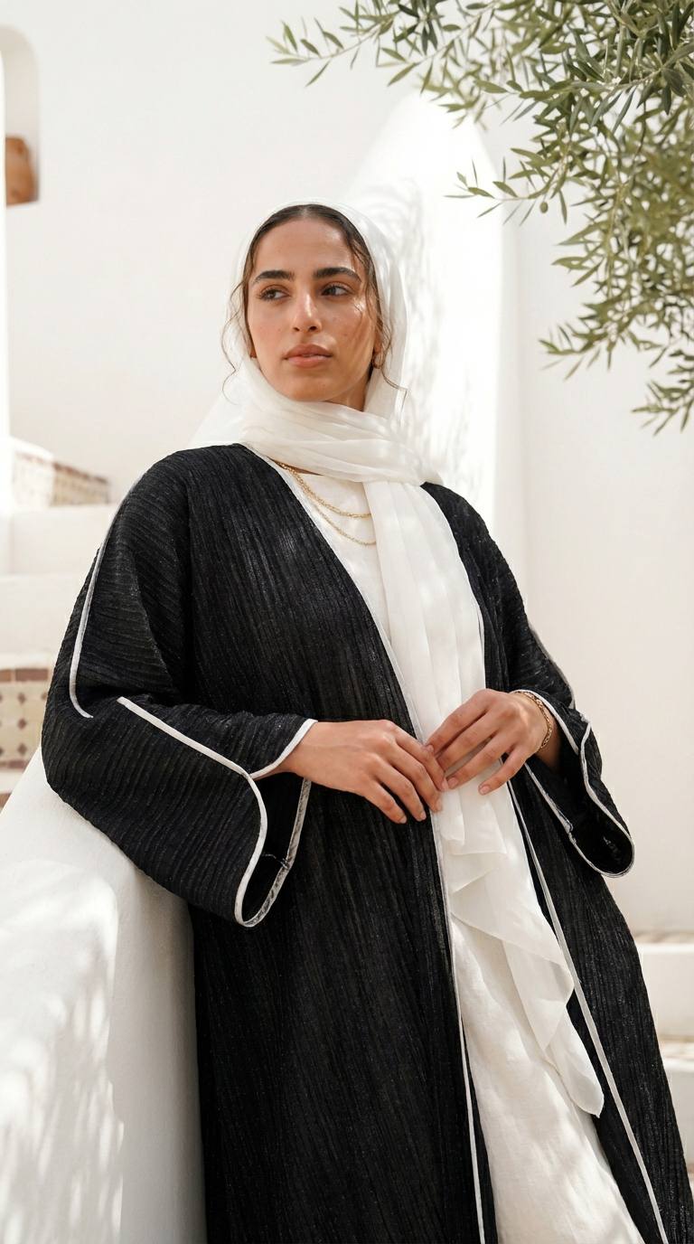 عباية شيفون بليسيه مزينة بخيوط لامعة وتفاصيل بيضاء على الأكمام.