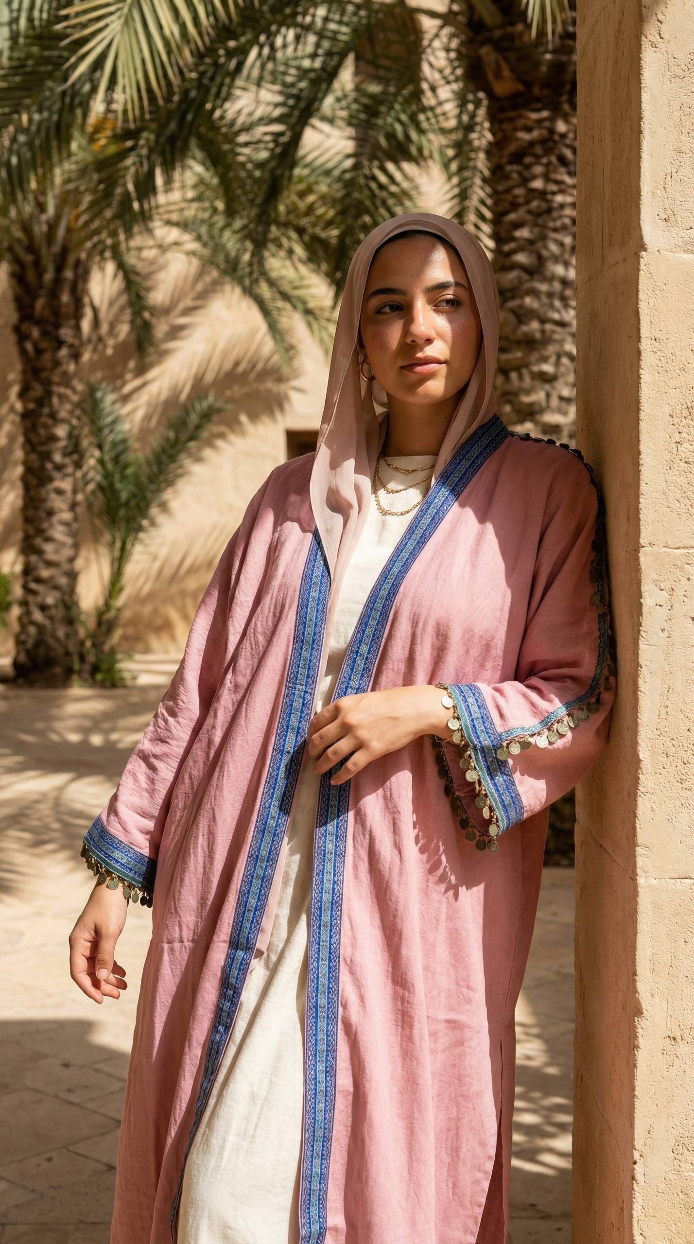 عباية كتان واسعة بتطريز قماشي على الأكمام مزينة بعملات معدنية متدلية وتصميم مفتوح.