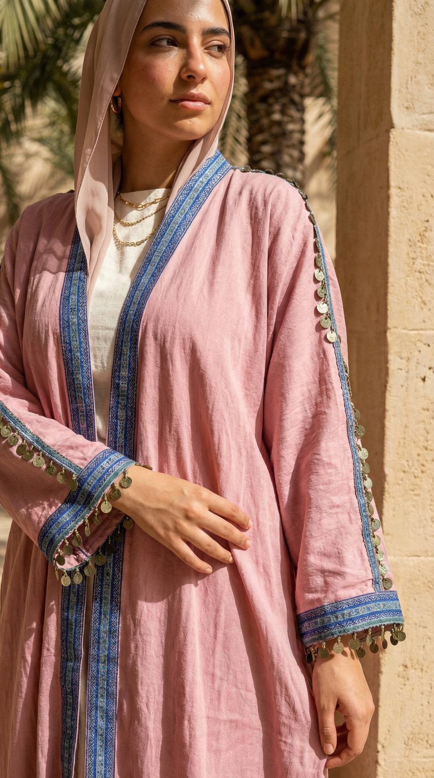 عباية كتان واسعة بتطريز قماشي على الأكمام مزينة بعملات معدنية متدلية وتصميم مفتوح.