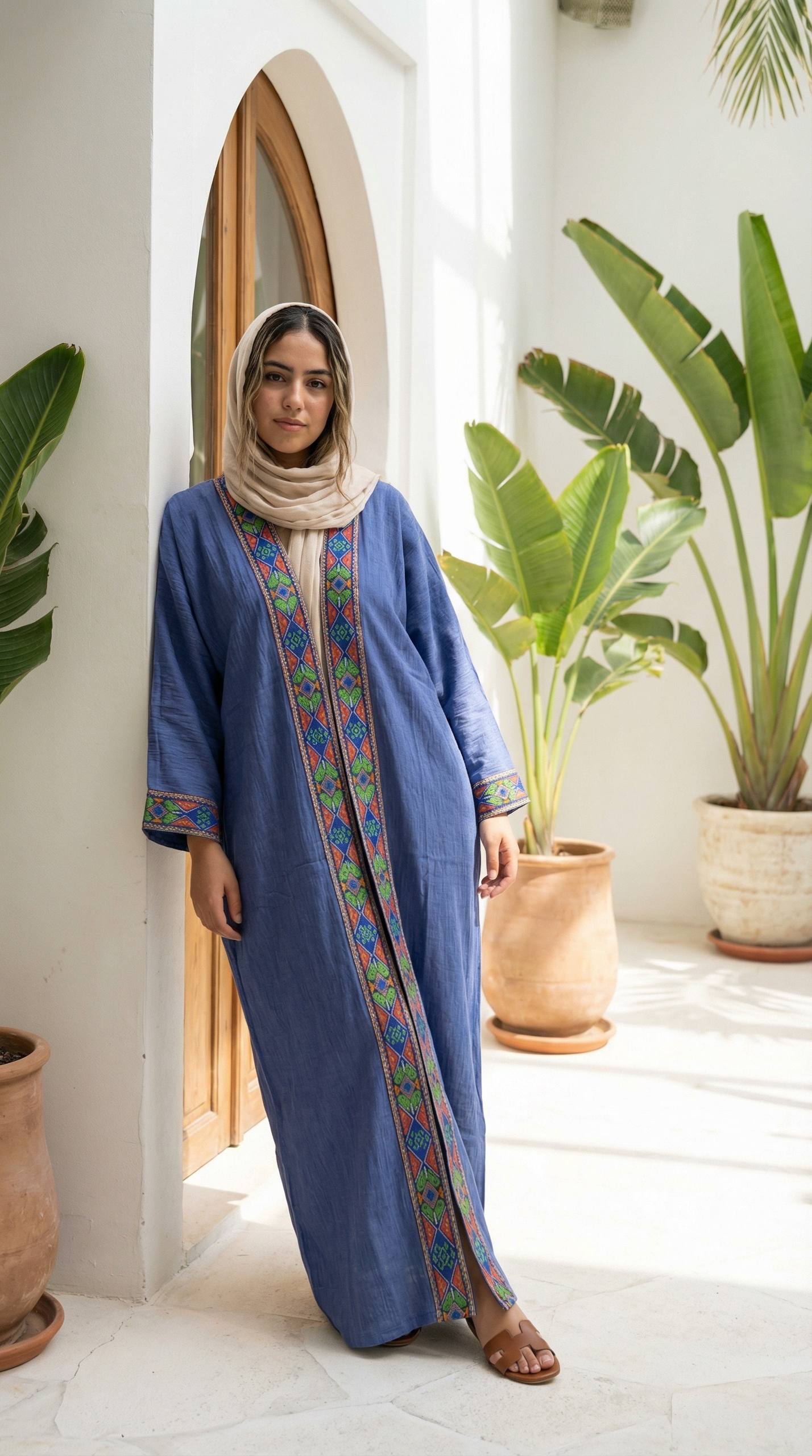 عباية كتان بتطريز حريري هندسي ملون على الصدر والأكمام من متجر كردان.